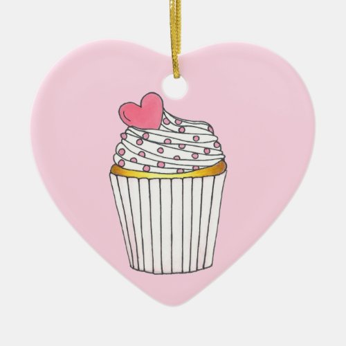 Pink Heart Cupcake Bridal Baby Shower Celebration Ceramic Ornament