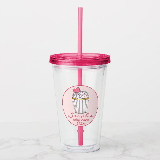 Pink Heart Cupcake Bridal Baby Shower Favor Acrylic Tumbler (Front)