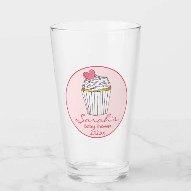 Pink Heart Cupcake Bridal Baby Shower Favor Glass (Front)