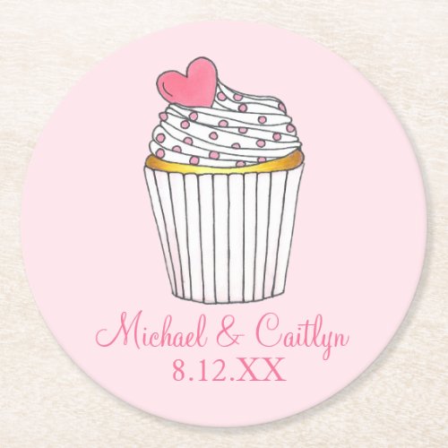 Pink Heart Cupcake Bridal Baby Shower Wedding Round Paper Coaster