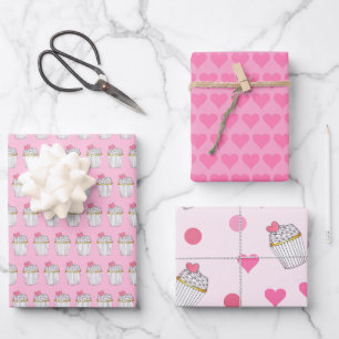 Pink Heart Cupcake Cake Frosting Polka Dots Wrapping Paper Sheets
