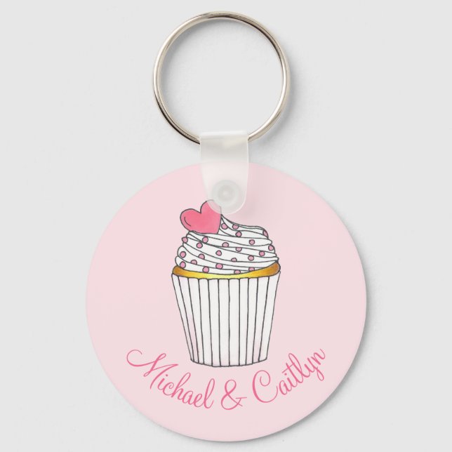 Pink Heart Cupcake Cake Keychain Wedding Favors (Front)
