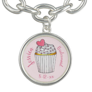 Pink Heart Cupcake Personalized Bridal Party Gift Bracelet