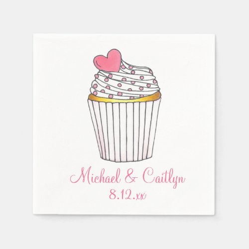 Pink Heart Cupcake Personalized Wedding Napkins