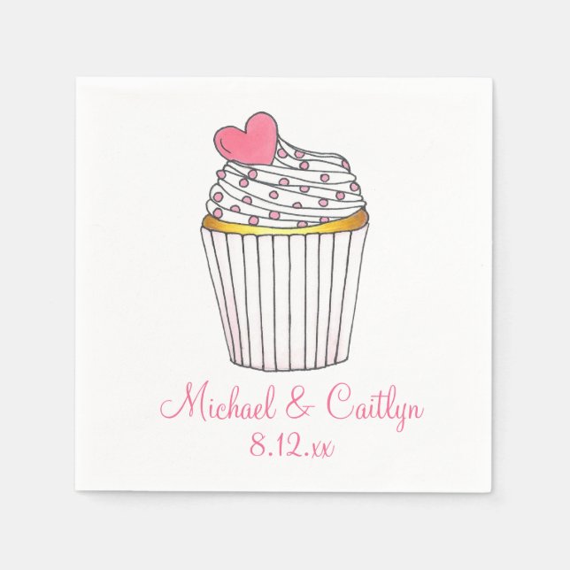 Pink Heart Cupcake Personalized Wedding Napkins (Front)