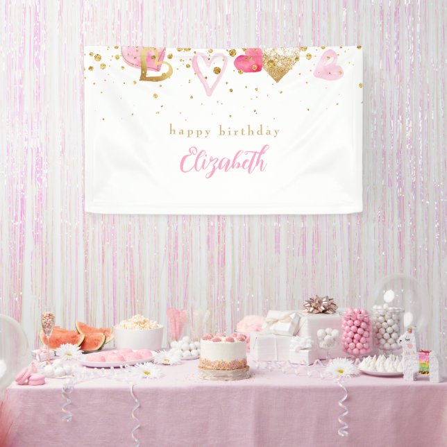 Pink Heart Custom Heart Birthday  Banner (Party)