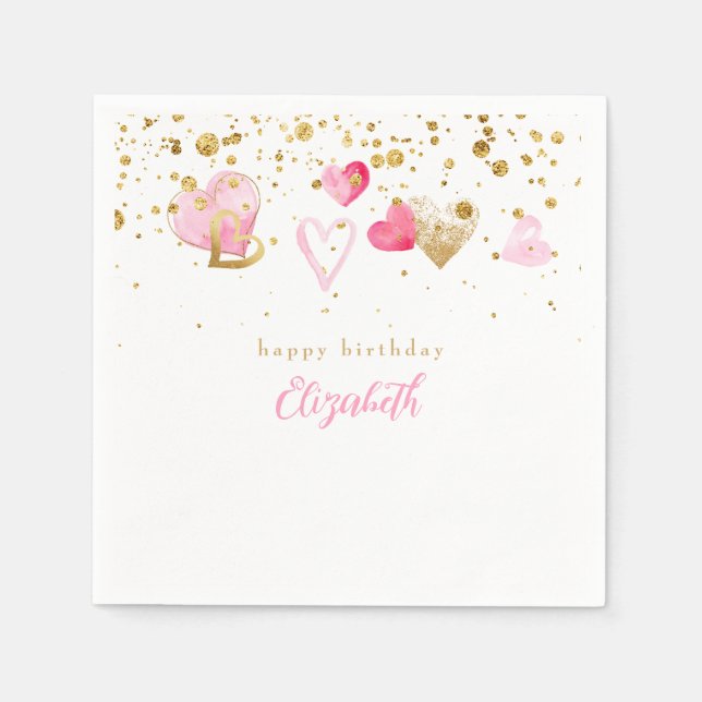 Pink Heart Custom Heart Birthday Cocktail Napkins (Front)