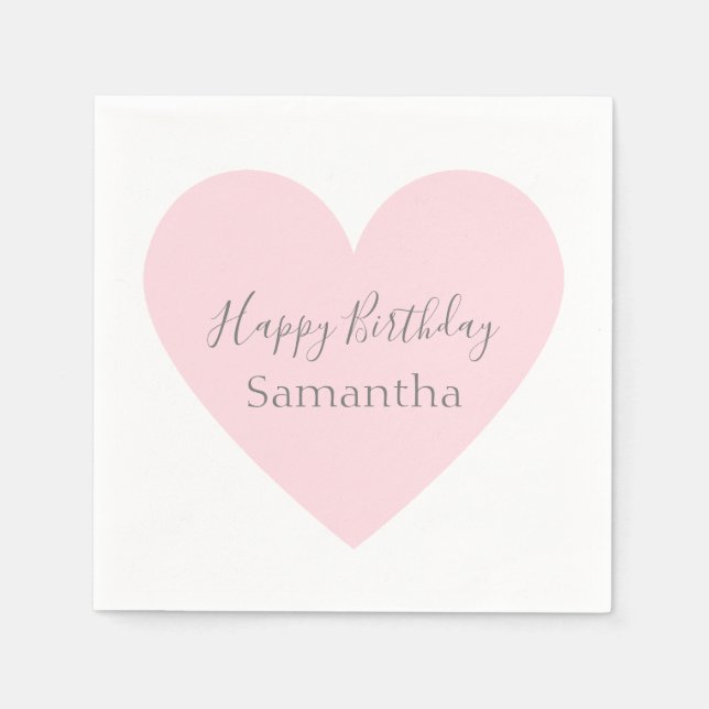 Pink Heart & Customized Gray Happy Birthday Party Napkins (Front)