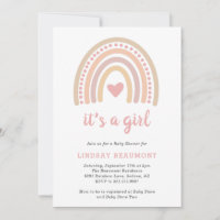 Pink Heart Cute Girl Boho Rainbow Baby Shower Invitation