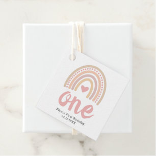 Pink Heart Cute Girl Boho Rainbow First Birthday Favor Tags