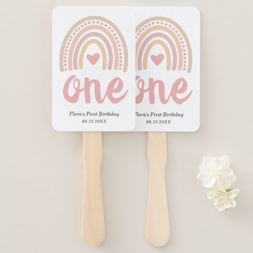 Pink Heart Cute Girl Boho Rainbow First Birthday Hand Fan