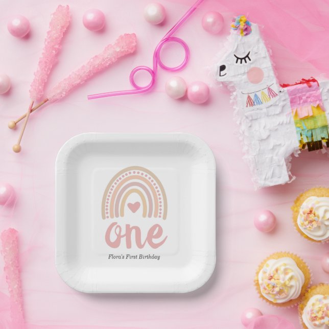 Pink Heart Cute Girl Boho Rainbow First Birthday Paper Plates (Party)