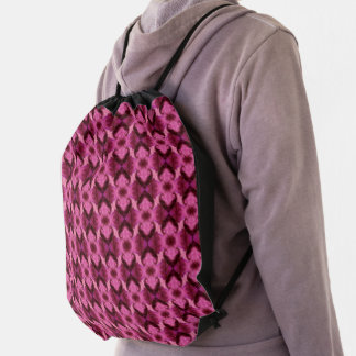 Pink Heart Damask Drawstring Bag