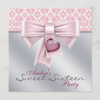 Pink Heart Damask Pink Sweet 16 Birthday Party Invitation by Pure_Elegance at Zazzle