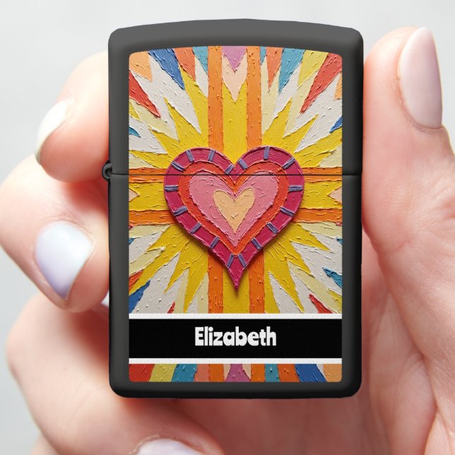 Pink Heart Design and Personalized Name Zippo Lighter (In Hand)