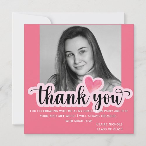 Pink heart Elegant Ombre Grad Photo Party thankyou Invitation