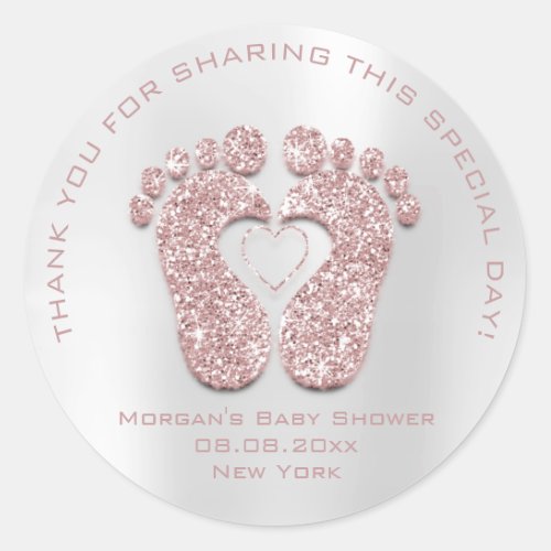 Pink Heart Feet Baby Shower Favor Gift Thank Gray Classic Round Sticker