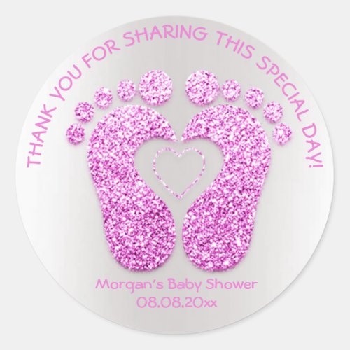 Pink Heart Feet Baby Shower Favor Thank Glitter Classic Round Sticker