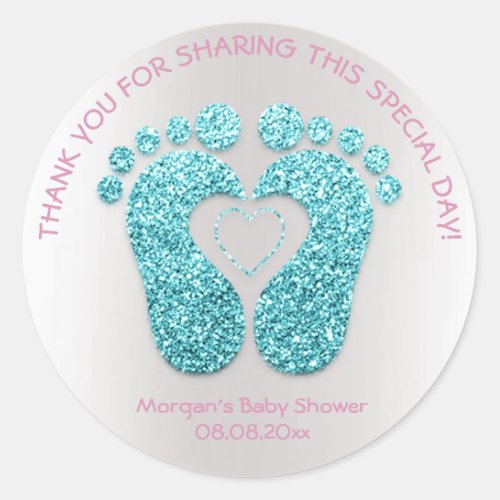 Pink Heart Feet Baby Shower Favor Thank You Blue Classic Round Sticker