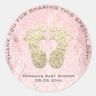 Pink Heart Feet Baby Shower Favor Thank You Gray Classic Round Sticker