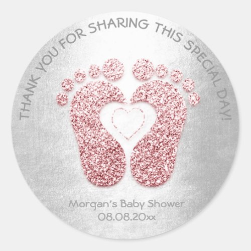 Pink Heart Feet Baby Shower Glitter Thank Gray Gir Classic Round Sticker