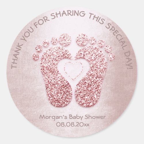 Pink Heart Feet Baby Shower Glitter Thank Gray Ros Classic Round Sticker