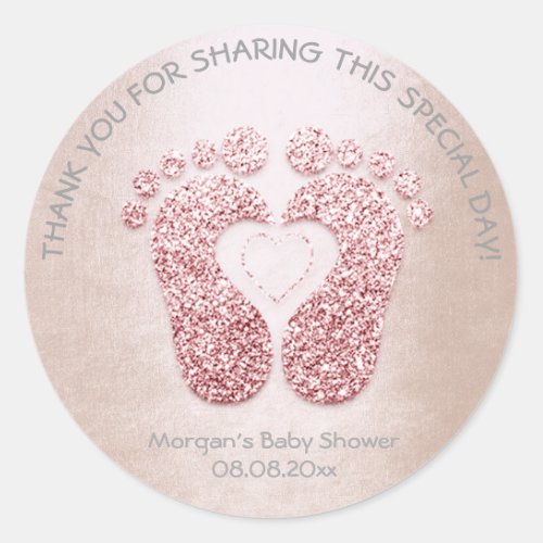 Pink Heart Feet Baby Shower Glitter Thank Gray VIP Classic Round Sticker