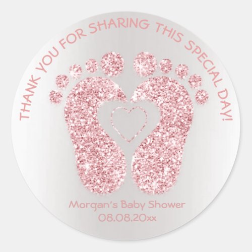 Pink Heart Feet Baby Shower Glitter Thank Sparkly Classic Round Sticker