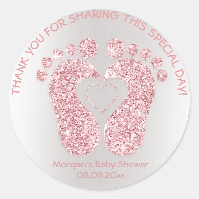 Pink Heart Feet Baby Shower Glitter Thank Sparkly Classic Round Sticker (Front)