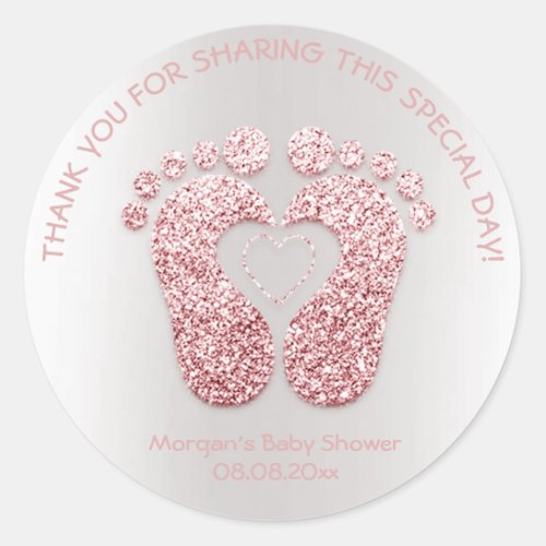 Pink Heart Feet Baby Shower Glitter Thank You Girl Classic Round Sticker