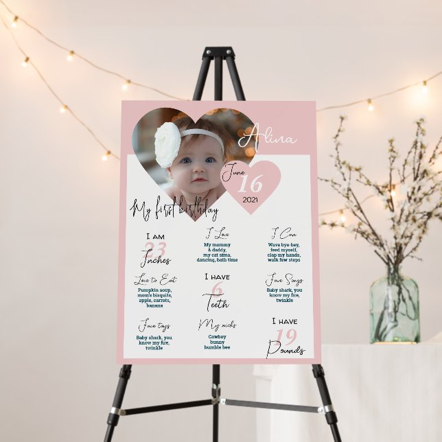 Pink Heart First Birthday Milestones Sign (In Situ (Stand))