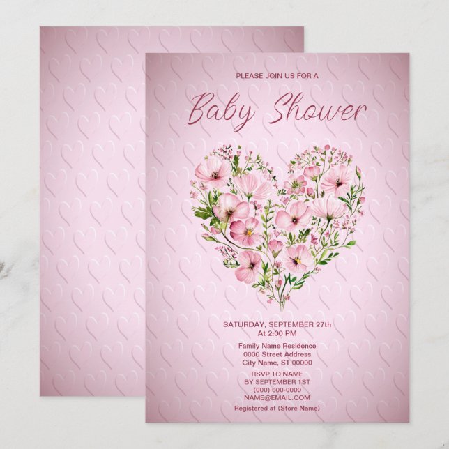 Pink Heart Floral Baby Shower Invitation (Front/Back)