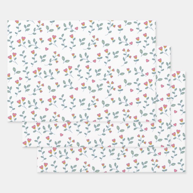 Pink Heart Floral Ditsy White Pattern Wrapping Paper Sheets (Set)