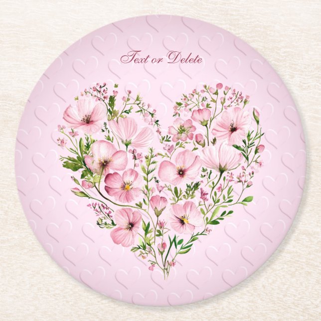 Pink Heart Floral Paper Coaster (Front)
