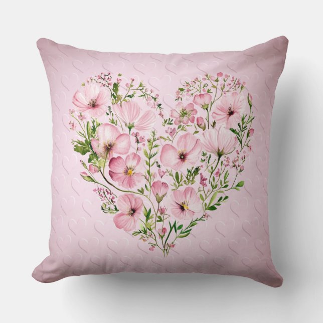 Pink Heart Floral Throw Pillow (Front)