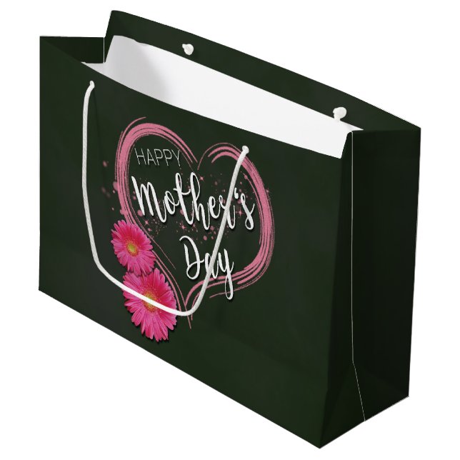 Pink Heart Flowers Mother's Day - Large Gift Bag (Front Angled)