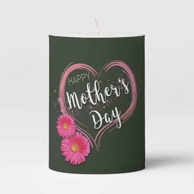 Pink Heart Flowers Mother's Day - Pillar Candle (Front)