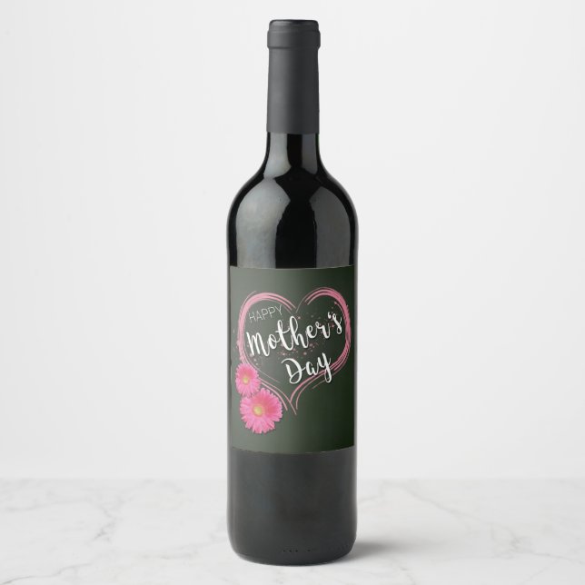 Pink Heart Flowers Mother's Day Wine Bottle Label (Front)