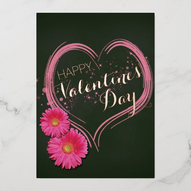 Pink Heart Flowers Valentine's Day Foil Holiday Card (Front)