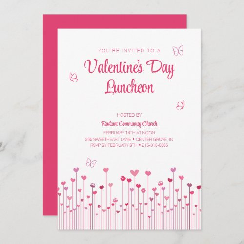 Pink Heart Flowers Valentines Day Luncheon  Invitation