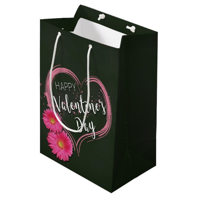Pink Heart Flowers Valentine's Day Medium Gift Bag (Front Angled)