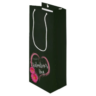 Pink Heart Flowers Valentine's Day - Wine Gift Bag