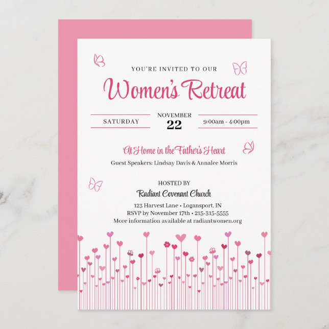 Pink Heart Flowers Women's Church Retreat Invitation (Front/Back)