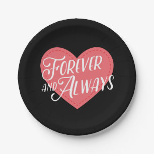 Pink Heart Forever Love Black Wedding, Engagement Paper Plates