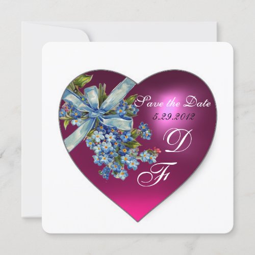 PINK HEART FORGET ME NOT MONOGRAM  Blue White Invitation