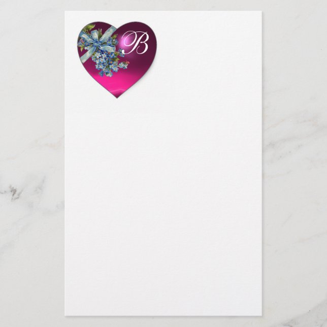 PINK HEART & FORGET ME NOTS MONOGRAM STATIONERY (Front)