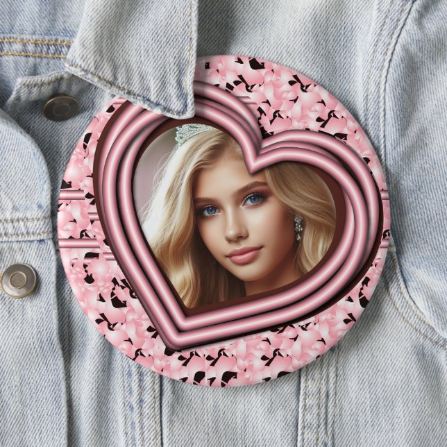 Pink Heart Frame Design Custom Pinback Photo Button (In Situ)