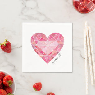Pink Heart Gem Diamond NAME Watercolor Glam Bling Napkins
