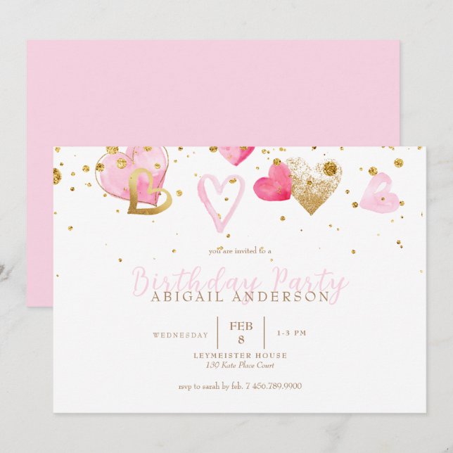 Pink Heart Girl Birthday Party Invitation (Front/Back)