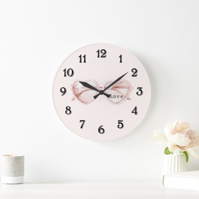 Pink Heart Glasses Love Large Clock (Home)